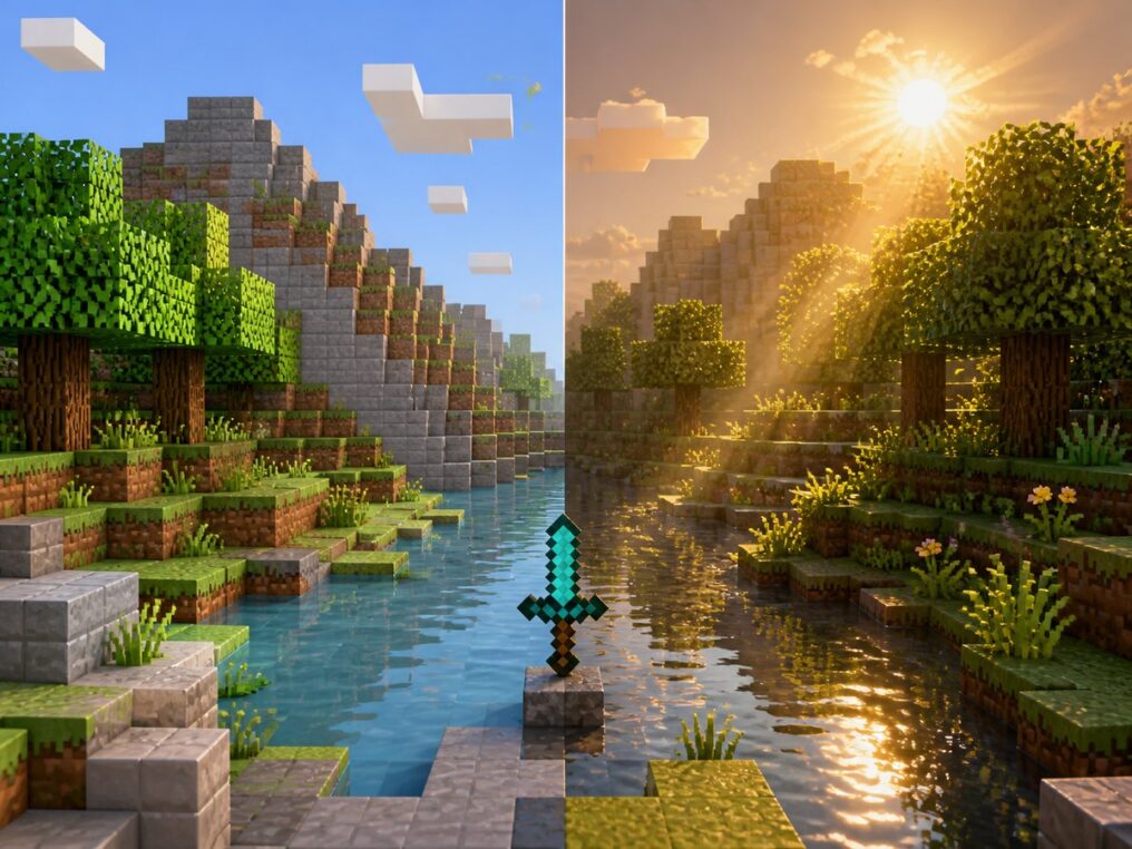 Сравнение обычного и улучшенного освещения Minecraft
