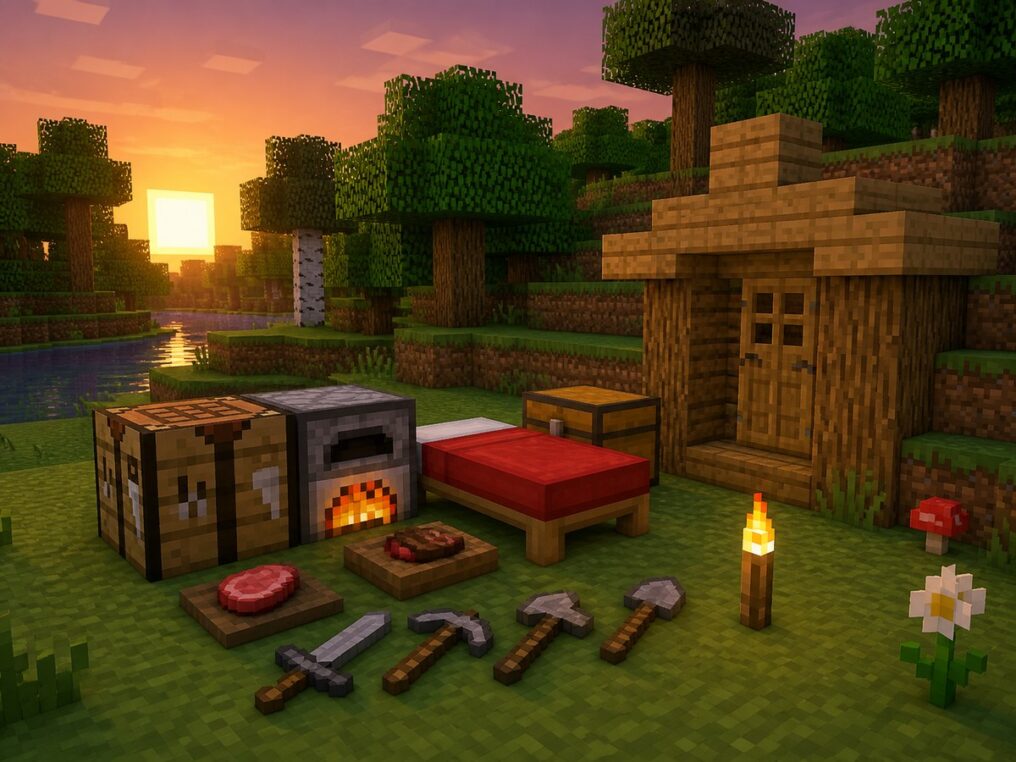 Инструменты, печь и укрытие для первого дня Minecraft