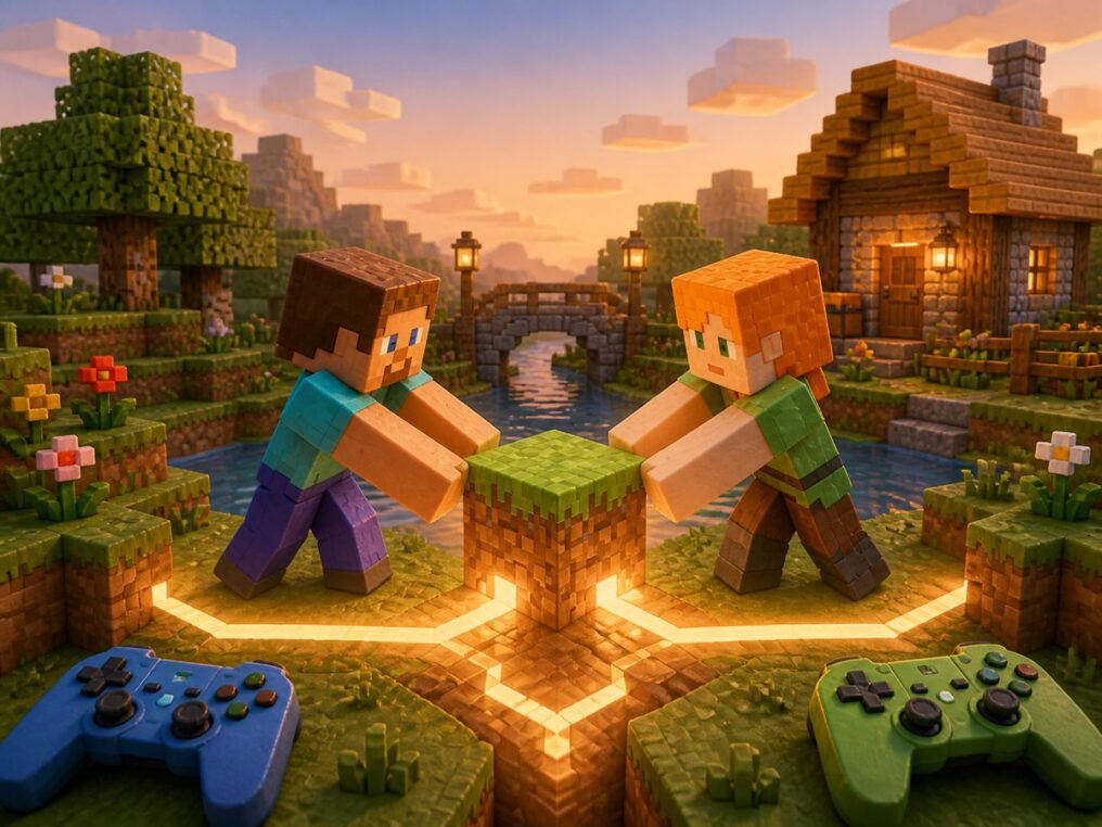 Два игрока соединяются в одном мире Minecraft