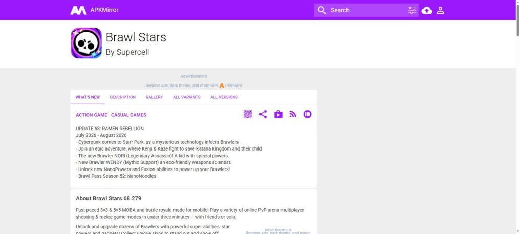 Страница Brawl Stars на APKMirror: под названием игры указан разработчик Supercell и номер версии