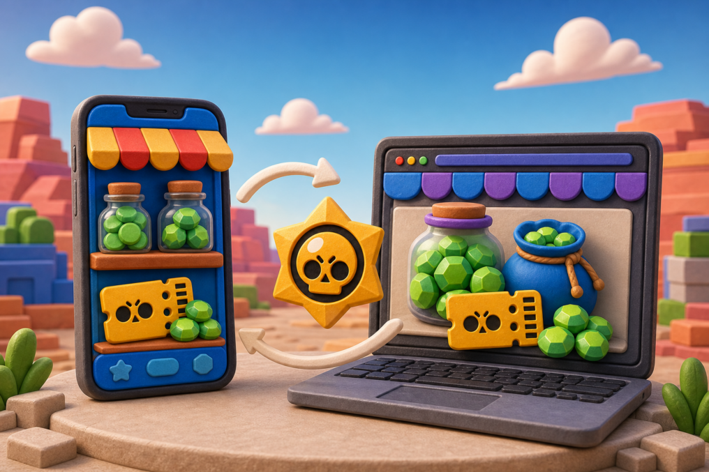 Веб-магазин Brawl Stars и магазин в игре открыты рядом для сравнения предложений
