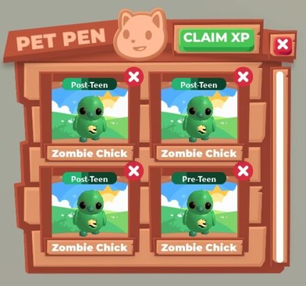 Интерфейс Pet Pen с четырьмя питомцами в Adopt Me