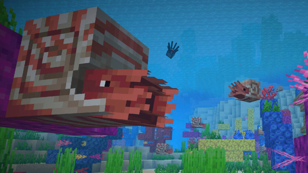 Обычные наутилусы среди кораллов в Minecraft
