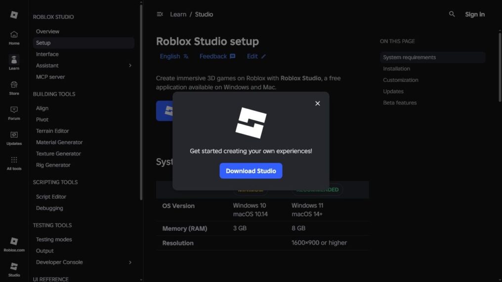 Официальное окно Download Studio в Roblox Creator Hub