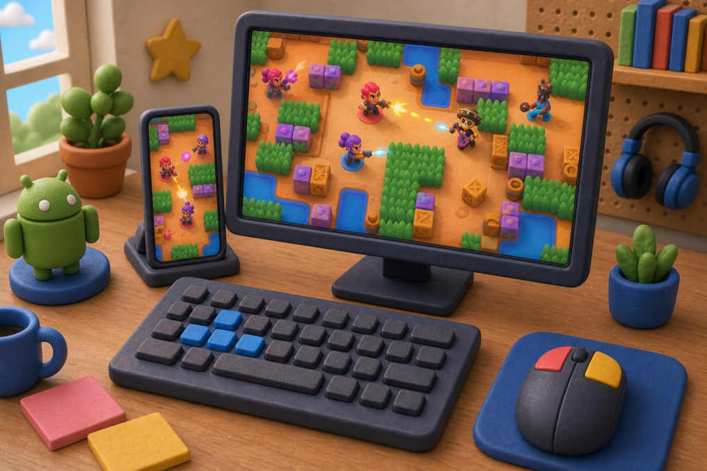 Brawl Stars на мониторе и телефоне рядом с клавиатурой и мышью