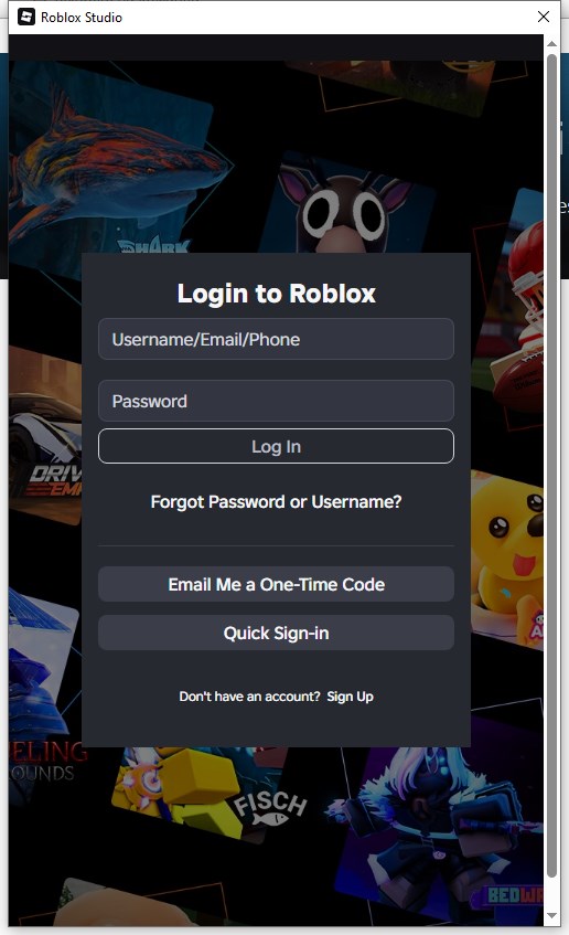 Окно входа в Roblox Studio после установки