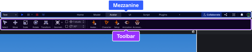 Верхняя панель Roblox Studio с вкладками и инструментами